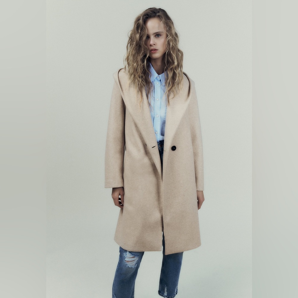 ZARA Belted Hooded Coat - size XS, color beige/gray